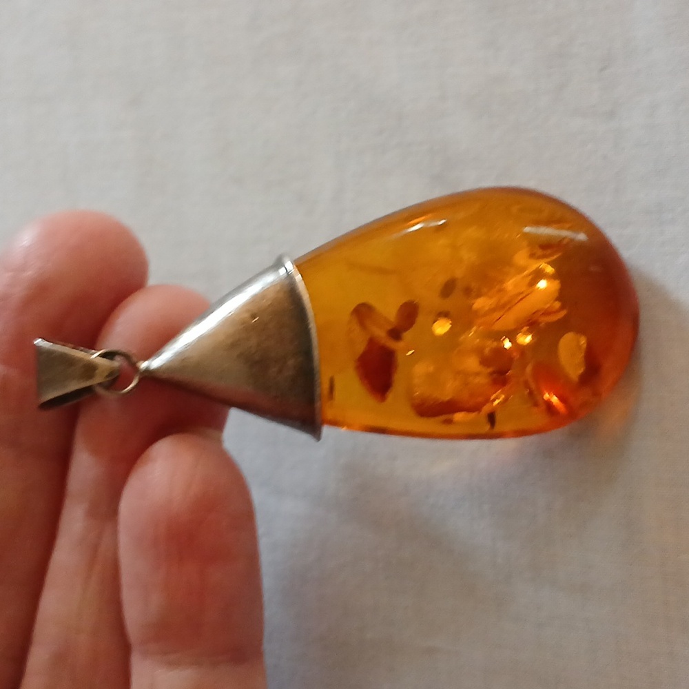 Handmade Amber Vintage Pendant from Russia 2.5 ht x 1.5 wide at base sterling